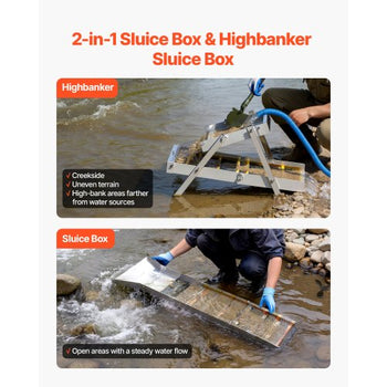 High Banker Gold Sluice, 50" 2-in-1 Folding Highbanker Sluice Box, Aluminum Alloy, Portable Mining Equipment with Drawstring Backpack and Gloves, for Gold Prospecting in Creek, High Bank, River