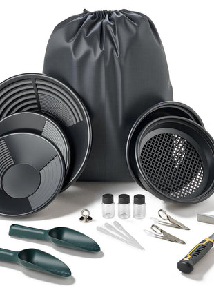 Gold Panning Kit, 10 in and 14 in Pans, 19 PCS Portable Prospecting Equipment Kit with Classifier Sieves, Sand Magnet, Rock Pick, Scoops, Backpack, and Accessories, for Outdoor Gold Recovery