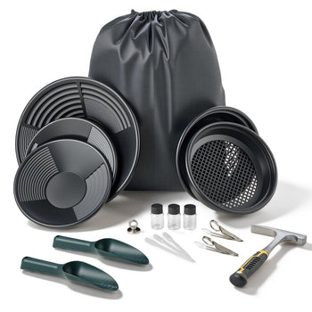 Gold Panning Kit, 10 in and 14 in Pans, 19 PCS Portable Prospecting Equipment Kit with Classifier Sieves, Sand Magnet, Rock Pick, Scoops, Backpack, and Accessories, for Outdoor Gold Recovery