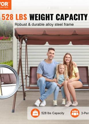 3-Seat Patio Swing Chair, Outdoor Patio Swing with Adjustable Canopy, Porch Swing with Armrests, Teslin Fabric and Alloy Steel Frame, for Balcony, Backyard, Patio, Garden, Poolside, Brown
