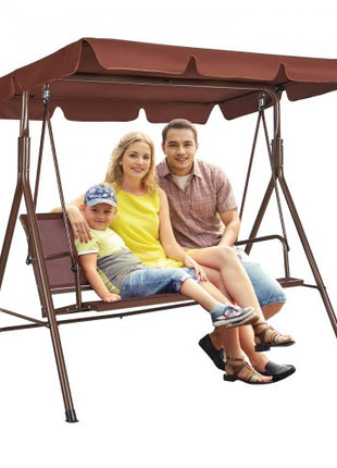 3-Seat Patio Swing Chair, Outdoor Patio Swing with Adjustable Canopy, Porch Swing with Armrests, Teslin Fabric and Alloy Steel Frame, for Balcony, Backyard, Patio, Garden, Poolside, Brown