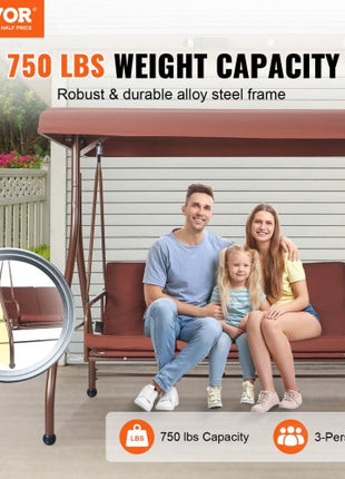 3-Seat Patio Swing Chair, Converting Canopy Swing, Outdoor Patio Porch with Adjustable Canopy, Removable Thick Cushion and Alloy Steel Frame, for Balcony, Backyard, Poolside, Brown
