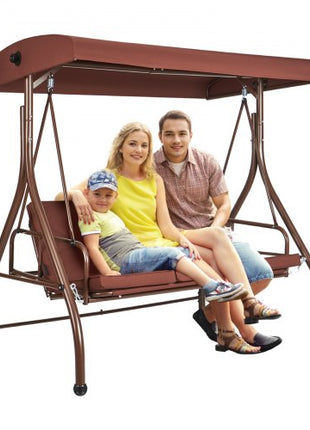 3-Seat Patio Swing Chair, Converting Canopy Swing, Outdoor Patio Porch with Adjustable Canopy, Removable Thick Cushion and Alloy Steel Frame, for Balcony, Backyard, Poolside, Brown