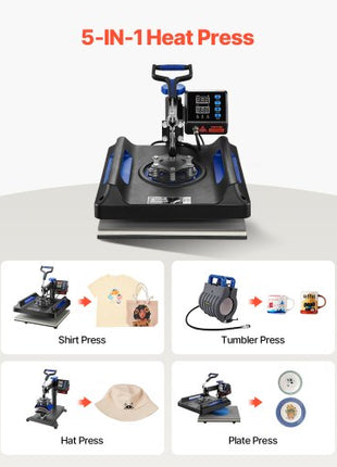 Heat Press, 15x15in Swing Away 5 in 1 Heat Press Machine, Digital Control Multifunctional Device, Quick Heating with Safety Features, Ideal for T-shirts, Hats, Caps, Mugs, Plates