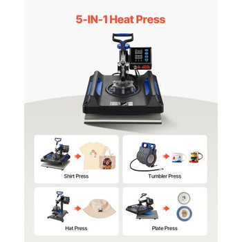 Heat Press, 15x15in Swing Away 5 in 1 Heat Press Machine, Digital Control Multifunctional Device, Quick Heating with Safety Features, Ideal for T-shirts, Hats, Caps, Mugs, Plates