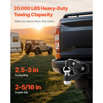 Pintle Hook, 20000 lbs Towing Capacity, Trailer Hitches Receiver Hook Combination 2-5/16-inch Hitch Ball, Fits 2.5 to 3-inch Lunette Ring with Mounting Kit, Wear-resistant, Black Powder Coat