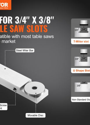 Precision Miter Gauge, Standard Slot 3/4'' x 3/8'', Aluminum Alloy Table Saw Miter Gauge with 19-35 in Grating 15 Angle Stops Adjustable Spring Loaded Plunger and Removable Disc, for Woodworking