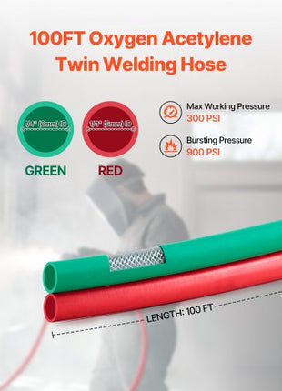 Oxygen Acetylene Hose, 1/4-Inch x 100FT Oxy Acetylene Hose with 9/16"-18 B Fitting, 300PSI T Grade Welding Cutting Torch Twin Hose, Compatible with Oxygen, Acetylene, Propane and Other Fuel Gases