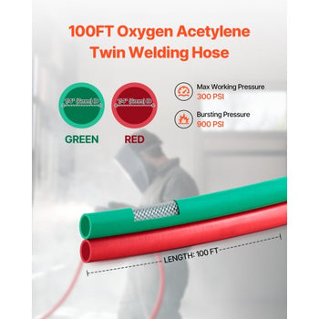Oxygen Acetylene Hose, 1/4-Inch x 100FT Oxy Acetylene Hose with 9/16"-18 B Fitting, 300PSI T Grade Welding Cutting Torch Twin Hose, Compatible with Oxygen, Acetylene, Propane and Other Fuel Gases