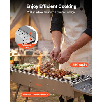 Foldable Charcoal Grill, 250 sq.in. Portable Charcoal Barbecue Grill with Liftable Charcoal Tray & Side Tables, Brushed Stainless Steel BBQ Cooking Grills for Outdoor Camping Backyard Parties
