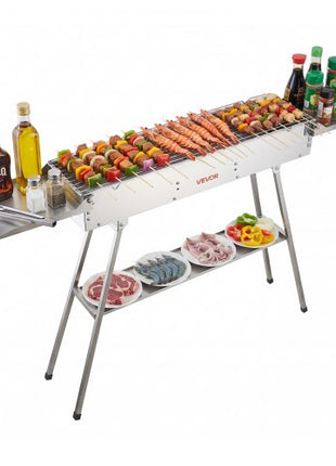 Foldable Charcoal Grill, 250 sq.in. Portable Charcoal Barbecue Grill with Liftable Charcoal Tray & Side Tables, Brushed Stainless Steel BBQ Cooking Grills for Outdoor Camping Backyard Parties