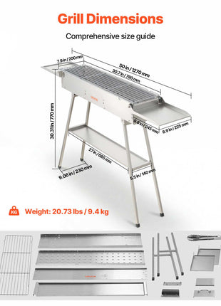 Foldable Charcoal Grill, 250 sq.in. Portable Charcoal Barbecue Grill with Liftable Charcoal Tray & Side Tables, Brushed Stainless Steel BBQ Cooking Grills for Outdoor Camping Backyard Parties