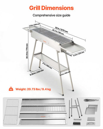 Foldable Charcoal Grill, 250 sq.in. Portable Charcoal Barbecue Grill with Liftable Charcoal Tray & Side Tables, Brushed Stainless Steel BBQ Cooking Grills for Outdoor Camping Backyard Parties