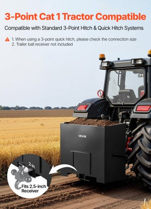 Ballast Box, 3-Point Category 1 Tractor Ballast of 800 lbs Capacity, with Standard 2 Inch Hitch Receiver, Heavy-Duty Steel 5 ft³ Large Volume Durable Loader Attachment with Sliding Door, Black