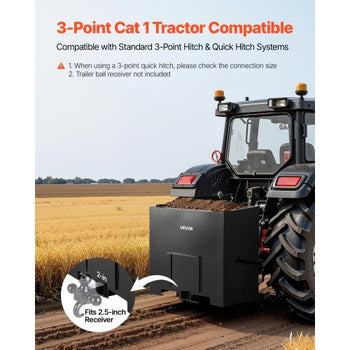 Ballast Box, 3-Point Category 1 Tractor Ballast of 800 lbs Capacity, with Standard 2 Inch Hitch Receiver, Heavy-Duty Steel 5 ft³ Large Volume Durable Loader Attachment with Sliding Door, Black