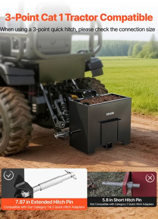 Ballast Box, 3-Point Category 1 Tractor Ballast of 800 lbs Capacity, with Standard 2 Inch Hitch Receiver, Heavy-Duty Steel 3.2 ft³ Large Volume Durable Loader Attachment with Sliding Door, Black