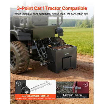 Ballast Box, 3-Point Category 1 Tractor Ballast of 800 lbs Capacity, with Standard 2 Inch Hitch Receiver, Heavy-Duty Steel 3.2 ft³ Large Volume Durable Loader Attachment with Sliding Door, Black