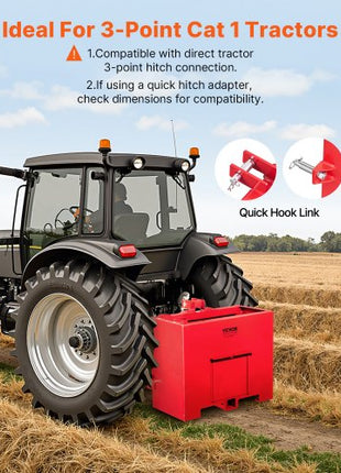 Ballast Box, 3-Point Category 1 Tractor Ballast of 800lbs Capacity, for 2 Inch Hitch Receiver, Heavy-Duty Steel 4.3 ft³ Large Volume Loader Attachment with Sliding Door, Red