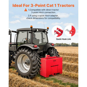 Ballast Box, 3-Point Category 1 Tractor Ballast of 800lbs Capacity, for 2 Inch Hitch Receiver, Heavy-Duty Steel 4.3 ft³ Large Volume Loader Attachment with Sliding Door, Red