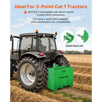 Ballast Box, 3-Point Category 1 Tractor Ballast of 800lbs Capacity, for 2 Inch Hitch Receiver, Heavy-Duty Steel 4.3 ft³ Large Volume Loader Attachment with Sliding Door, Green