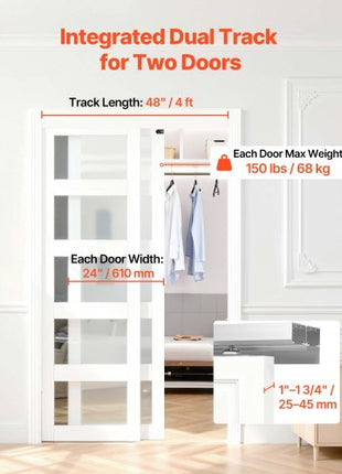 Bypass Sliding Door Hardware Kit, 4 ft Aluminum Alloy Dual-Track Bypass Door Hardware, Smooth and Quiet Sliding, Easy to Install, for 1" to 1 3/4" Thickness 24" Width 2 Door System, for Closet