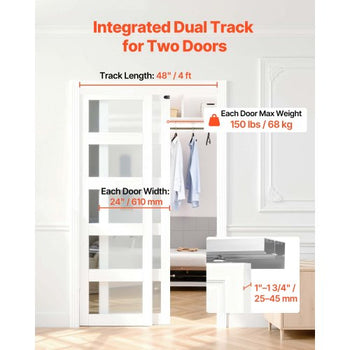 Bypass Sliding Door Hardware Kit, 4 ft Aluminum Alloy Dual-Track Bypass Door Hardware, Smooth and Quiet Sliding, Easy to Install, for 1" to 1 3/4" Thickness 24" Width 2 Door System, for Closet
