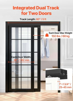 Bypass Sliding Door Hardware Kit, 5 ft Aluminum Alloy Dual-Track Bypass Door Hardware, Smooth and Quiet Sliding, Easy to Install, for 1" to 1 3/4" Thickness 30" Width 2 Door System, for Closet