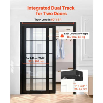 Bypass Sliding Door Hardware Kit, 5 ft Aluminum Alloy Dual-Track Bypass Door Hardware, Smooth and Quiet Sliding, Easy to Install, for 1" to 1 3/4" Thickness 30" Width 2 Door System, for Closet