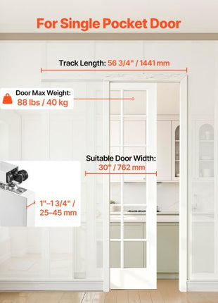 Sliding Pocket Door Hardware Track Kit, 56.73" Pocket Door Track Kit with Soft Close Mechanism for Smooth and Quiet Sliding, Easy to Install, for 1" to 1 3/4" Thickness 30" Width Single Door