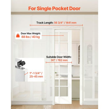 Sliding Pocket Door Hardware Track Kit, 56.73" Pocket Door Track Kit with Soft Close Mechanism for Smooth and Quiet Sliding, Easy to Install, for 1" to 1 3/4" Thickness 30" Width Single Door