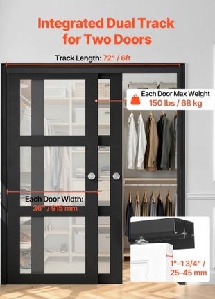 Bypass Sliding Door Hardware Kit, 6 ft Aluminum Alloy Dual-Track Bypass Door Hardware, Smooth and Quiet Sliding, Easy to Install, for 1" to 1 3/4" Thickness 36" Width 2 Door System, for Closet