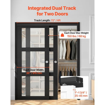 Bypass Sliding Door Hardware Kit, 6 ft Aluminum Alloy Dual-Track Bypass Door Hardware, Smooth and Quiet Sliding, Easy to Install, for 1" to 1 3/4" Thickness 36" Width 2 Door System, for Closet