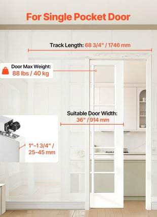 Sliding Pocket Door Hardware Track Kit, 68.74" Pocket Door Track Kit with Soft Close Mechanism for Smooth and Quiet Sliding, Easy to Install, for 1" to 1 3/4" Thickness 36" Width Single Door