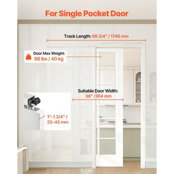 Sliding Pocket Door Hardware Track Kit, 68.74" Pocket Door Track Kit with Soft Close Mechanism for Smooth and Quiet Sliding, Easy to Install, for 1" to 1 3/4" Thickness 36" Width Single Door
