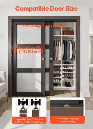 Bypass Door Hardware, 4ft Heavy Duty Bypass Sliding Door Hardware Kit, Aluminum Alloy Sliding Closet Door Hardware Set with Finger Pulls, for 2 Door System, Fit Door Thickness 1 3/8 " - 1 3/4"