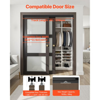 Bypass Door Hardware, 4ft Heavy Duty Bypass Sliding Door Hardware Kit, Aluminum Alloy Sliding Closet Door Hardware Set with Finger Pulls, for 2 Door System, Fit Door Thickness 1 3/8 " - 1 3/4"