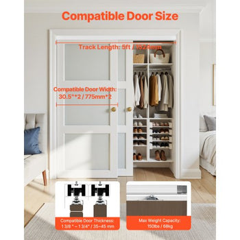 Bypass Door Hardware, 5ft Heavy Duty Bypass Sliding Door Hardware Kit, Aluminum Alloy Sliding Closet Door Hardware Set for 2 Door System, Fit Door Thickness 1 3/8 " - 1 3/4", Easy to Install