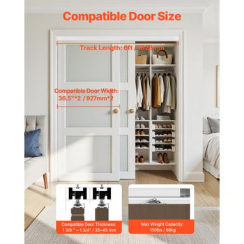 Bypass Door Hardware, 6ft Heavy Duty Bypass Sliding Door Hardware Kit, Aluminum Alloy Sliding Closet Door Hardware Set for 2 Door System, Fit Door Thickness 1 3/8 " - 1 3/4", Easy to Install