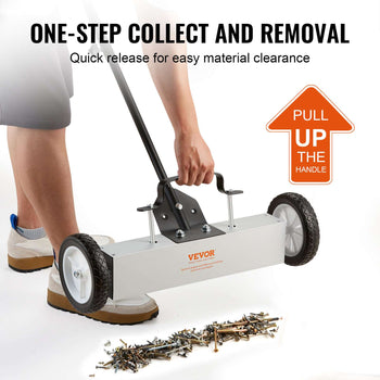 VEVOR one-step collection tool with silver metal body, black wheels, and ergonomic handle for quick debris removal.