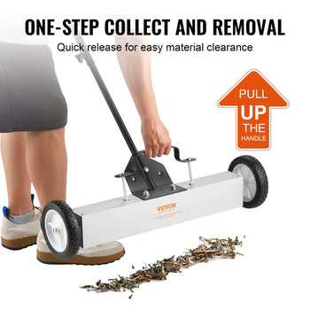 VEVOR one-step collector in silver and black, featuring durable wheels and a pull handle for easy debris removal.