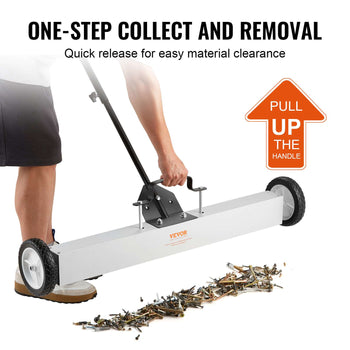 Vevor metal debris collector, silver with black wheels, easy one-step removal for efficient clean-up.