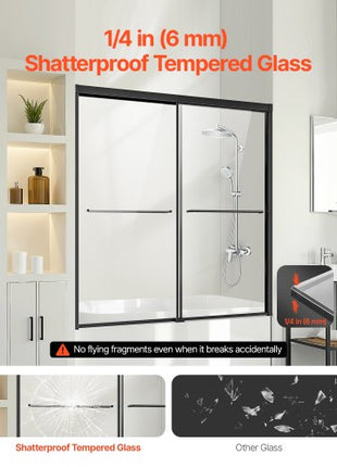 Bathtub Shower Door, 56-60 in. W x 60 in. H, Semi-Frameless Double Sliding Tub Door, Semi-Frameless Bypass Tub Door with 1/4 in Shatterproof Tempered Glass and Stainless Steel Handle, Black