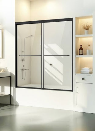 Bathtub Shower Door, 56-60 in. W x 60 in. H, Semi-Frameless Double Sliding Tub Door, Semi-Frameless Bypass Tub Door with 1/4 in Shatterproof Tempered Glass and Stainless Steel Handle, Black