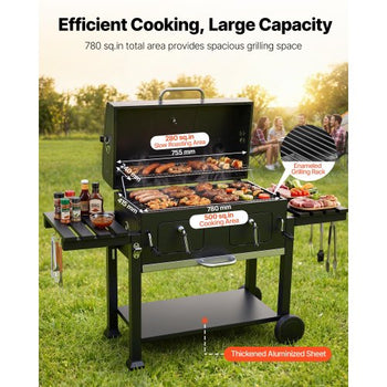Charcoal Grill, 780 sq.in. Extra-Large Charcoal Barbecue Grill with 2 Liftable Charcoal Trays & Folding Side Tables, High-Temp Powder-Coated Steel BBQ Cooking Grills for Patio Backyard Parties