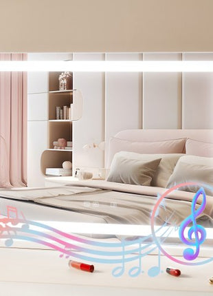 Large Vanity Mirror with Lights and Bluetooth Speaker, Three Color Lighting Modes, Lighted Makeup LED Mirror,5X Magnification,USB,Smart Touch Control,Desktop Wall-Mount (31.5x21.7in, White)