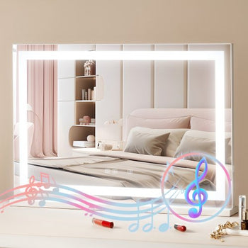 Large Vanity Mirror with Lights and Bluetooth Speaker, Three Color Lighting Modes, Lighted Makeup LED Mirror,5X Magnification,USB,Smart Touch Control,Desktop Wall-Mount (31.5x21.7in, White)