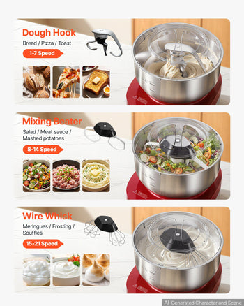 5.3 Qt Electric Dough Maker 500W Stand Mixer Removable Lid, Stepless Speed Adjustment Food Kitchen Mixer with Stainless Steel Bowl, Dough Hook, Whisk, Beater, for Pizza Bread Pasta Mochi