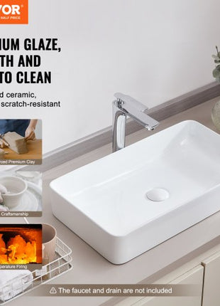 Rectangle Vessel Sink, 24" x 13.8" Bathroom Vessel Sink Countertop, White Ceramic Bathroom Sinks Above Counter, Modern Style, Bright and Elegant, Well-Packaged for Bathroom, Hotel, Toilet, RV