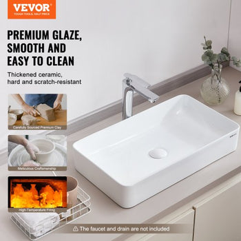 Rectangle Vessel Sink, 24" x 13.8" Bathroom Vessel Sink Countertop, White Ceramic Bathroom Sinks Above Counter, Modern Style, Bright and Elegant, Well-Packaged for Bathroom, Hotel, Toilet, RV