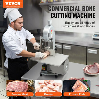 Commercial Electric Meat Bandsaw, 1800W Stainless Steel Countertop Bone Sawing Machine, Workbeach 15" x 19.1", 7.09 Inch Max Cutting Thickness, Frozen Meat Cutter with 5 Blades for Rib Pork Beef
